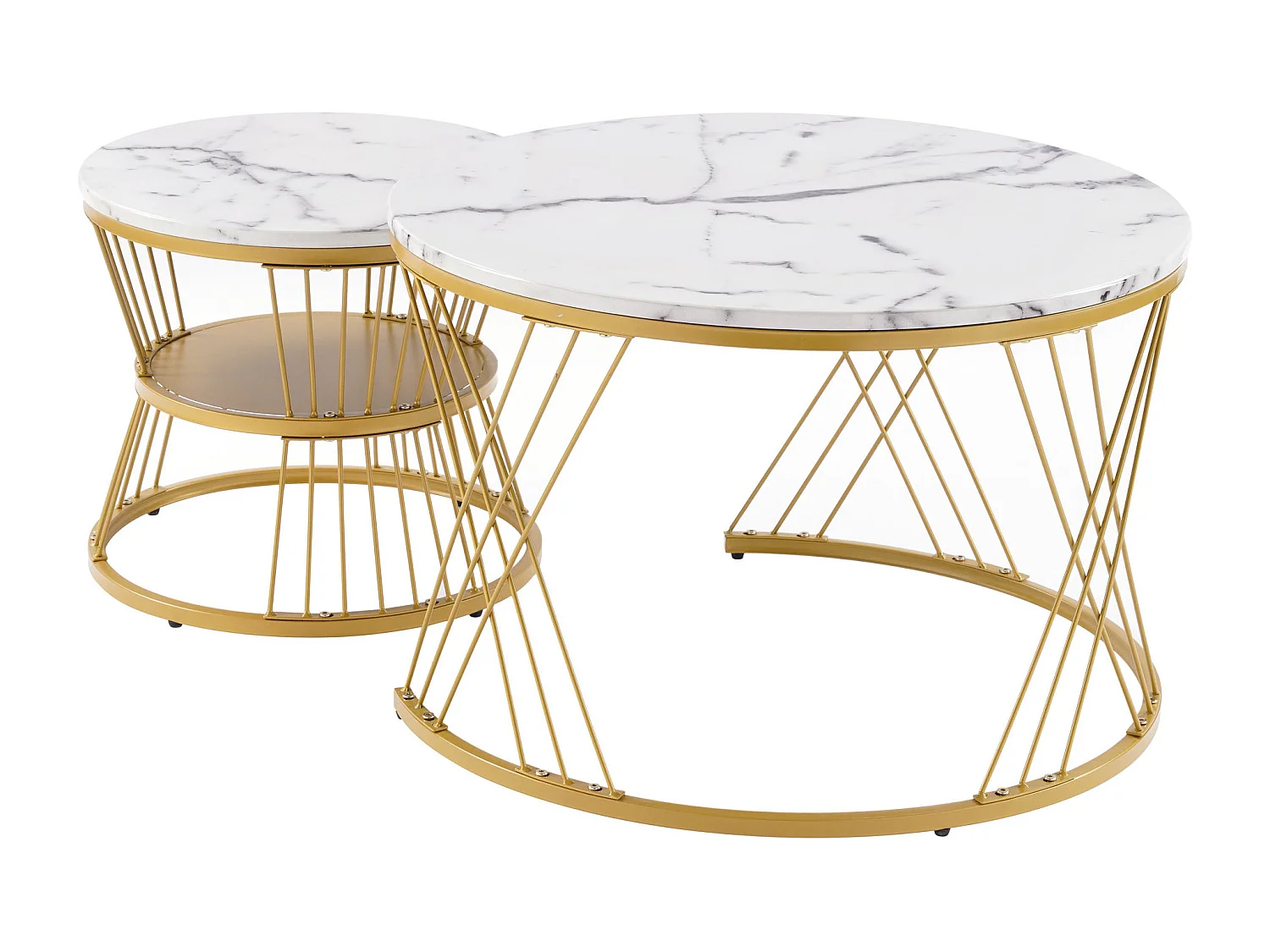 Lot de 2 tables basses gigognes, plateau en placage de marbre, structure en métal doré