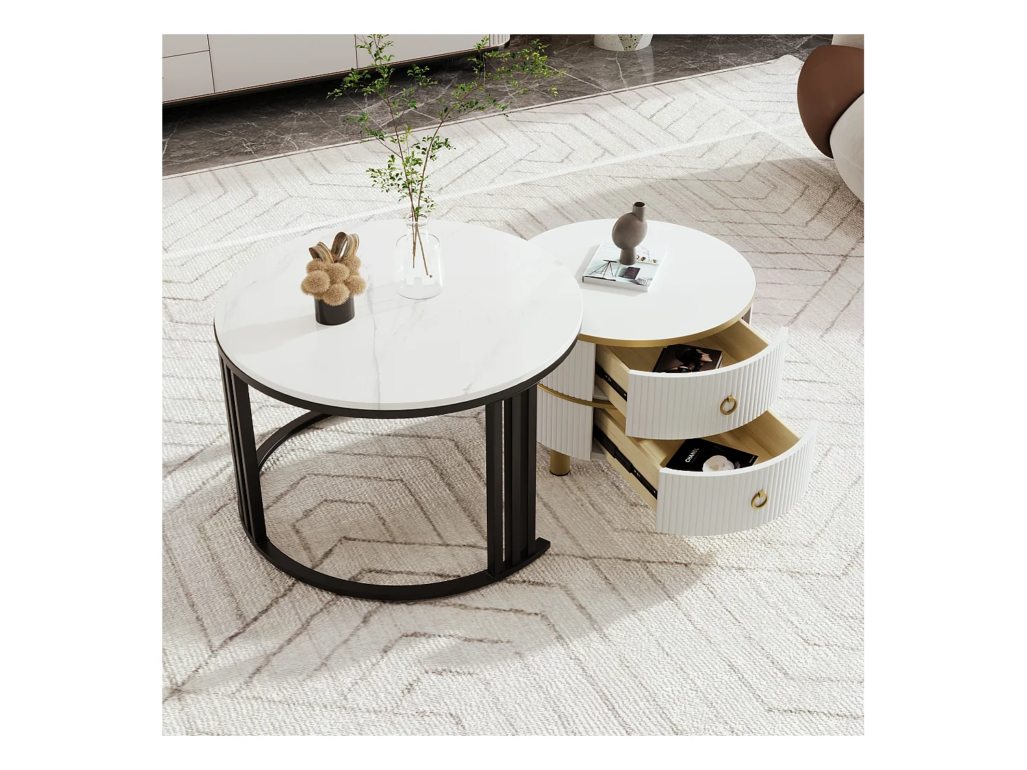 2er-Set Couchtische – Runder Couchtisch mit weißer Platte und Marmor-Optik-Aufklebeplatte – 2 Schubladen
