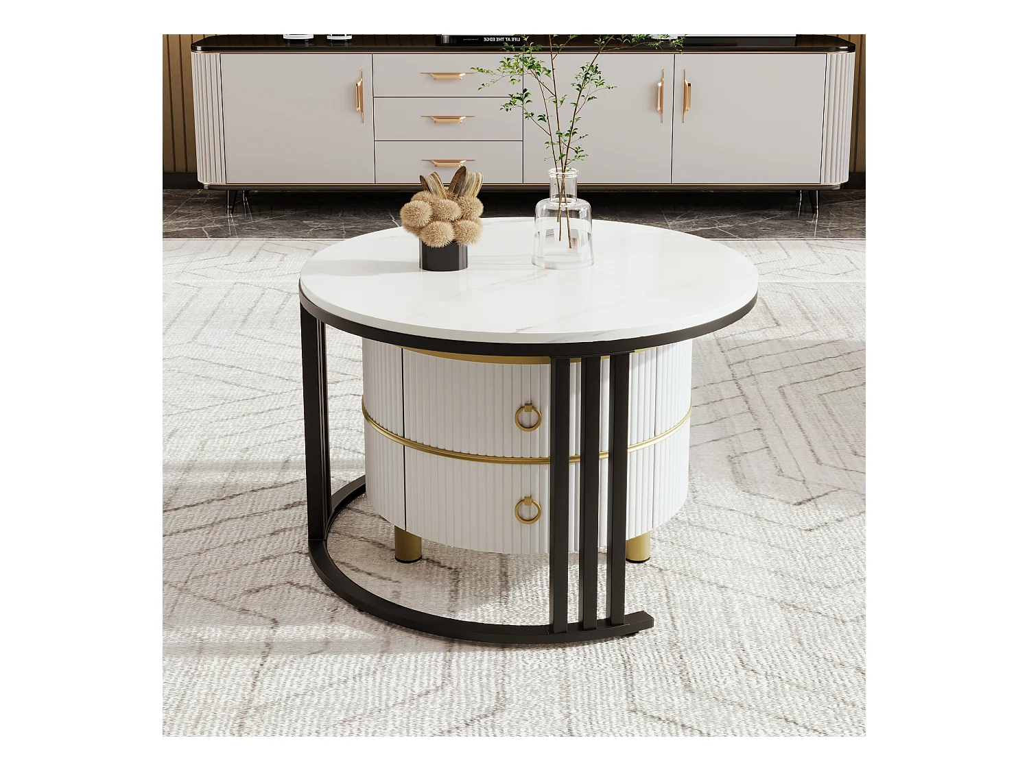 2er-Set Couchtische – Runder Couchtisch mit weißer Platte und Marmor-Optik-Aufklebeplatte – 2 Schubladen