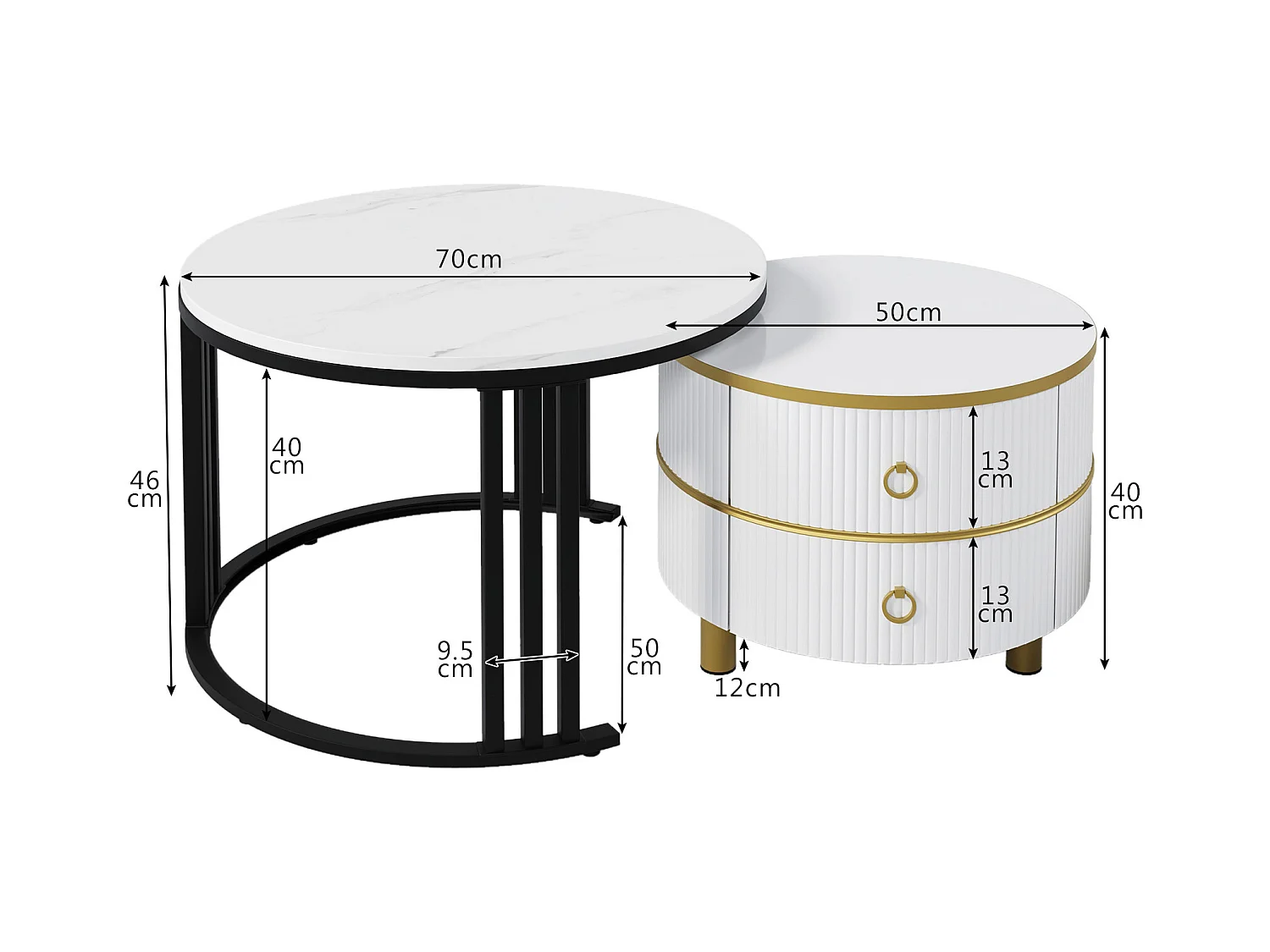 2er-Set Couchtische – Runder Couchtisch mit weißer Platte und Marmor-Optik-Aufklebeplatte – 2 Schubladen