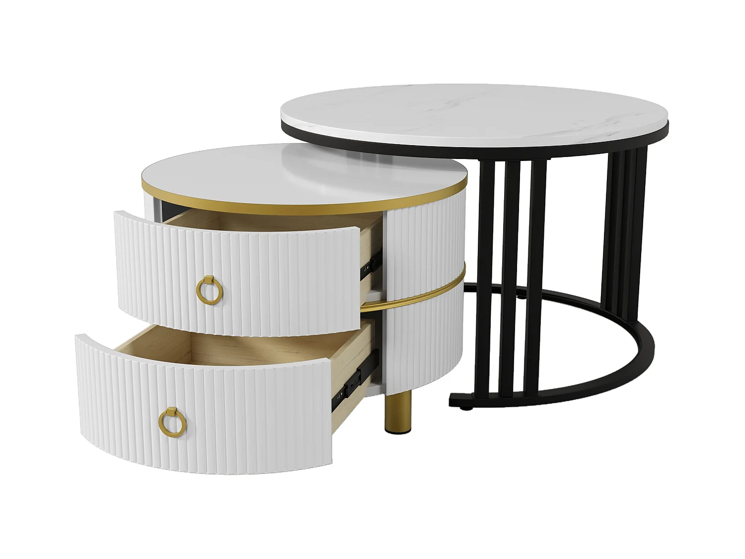 2er-Set Couchtische – Runder Couchtisch mit weißer Platte und Marmor-Optik-Aufklebeplatte – 2 Schubladen