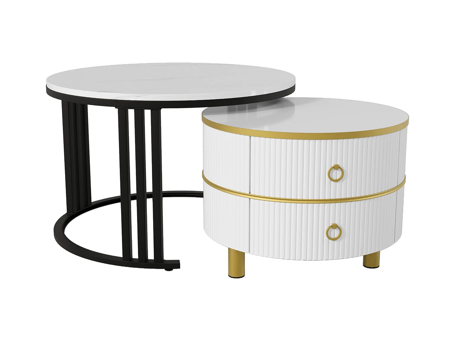 2er-Set Couchtische – Runder Couchtisch mit weißer Platte und Marmor-Optik-Aufklebeplatte – 2 Schubladen
