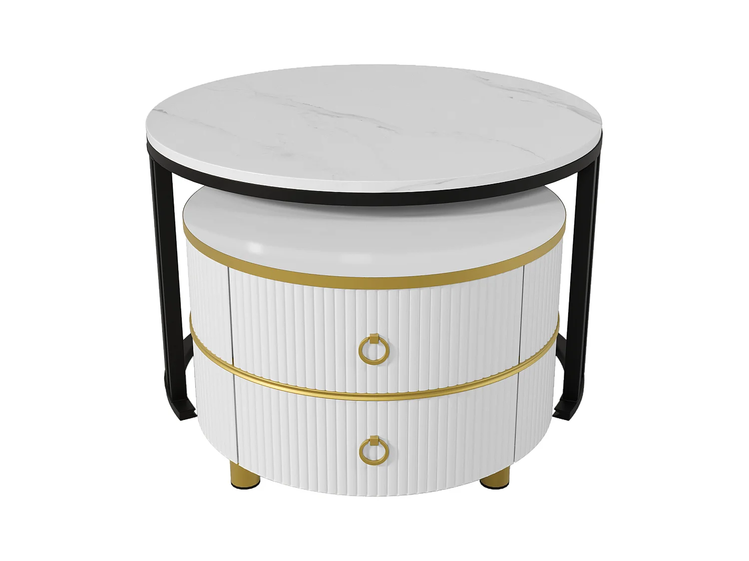 2er-Set Couchtische – Runder Couchtisch mit weißer Platte und Marmor-Optik-Aufklebeplatte – 2 Schubladen