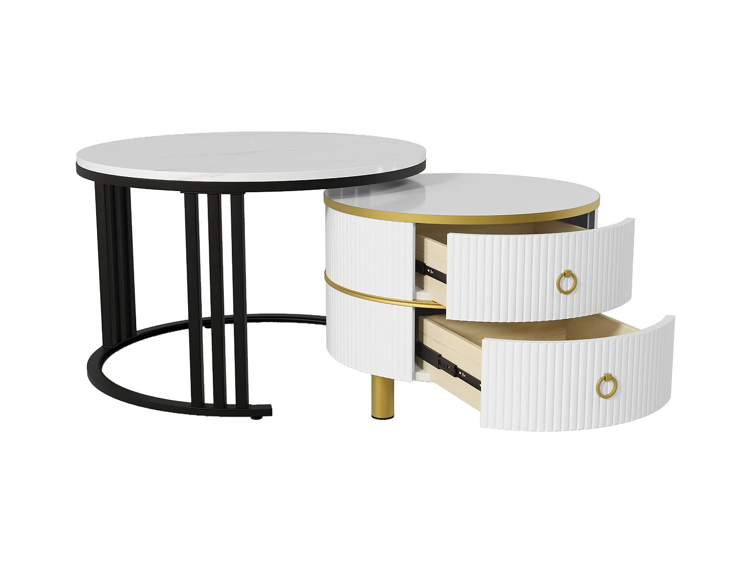 2er-Set Couchtische – Runder Couchtisch mit weißer Platte und Marmor-Optik-Aufklebeplatte – 2 Schubladen