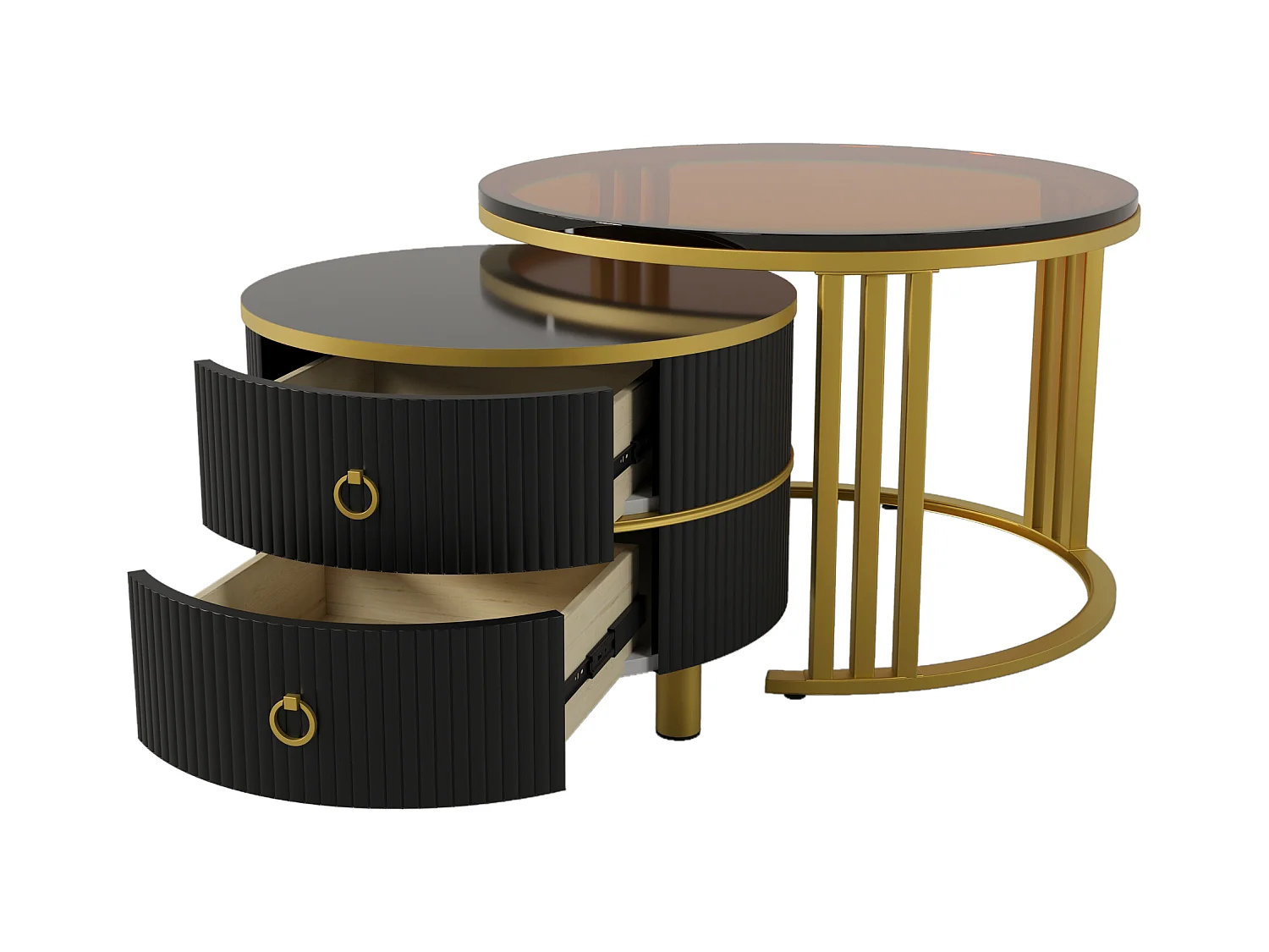 2er-Set Couchtische – Runder Couchtisch mit schwarzen und braunen Platten – 2 Schubladen