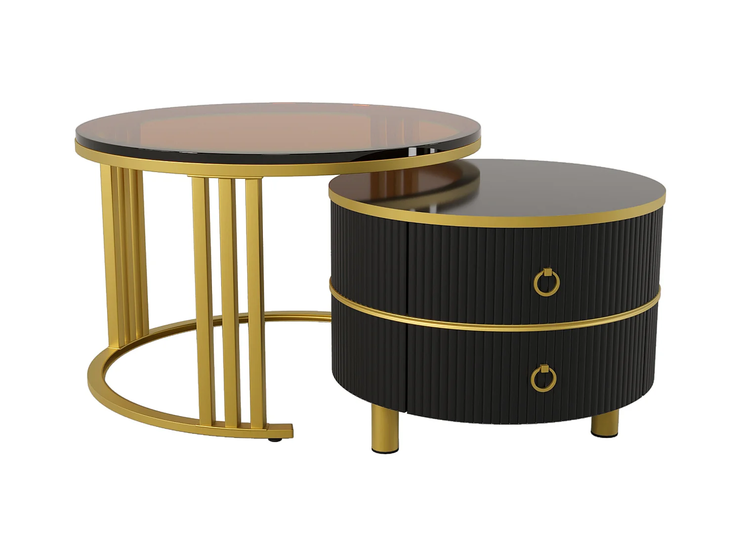 2er-Set Couchtische – Runder Couchtisch mit schwarzen und braunen Platten – 2 Schubladen