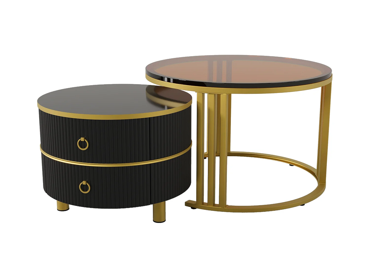 2er-Set Couchtische – Runder Couchtisch mit schwarzen und braunen Platten – 2 Schubladen