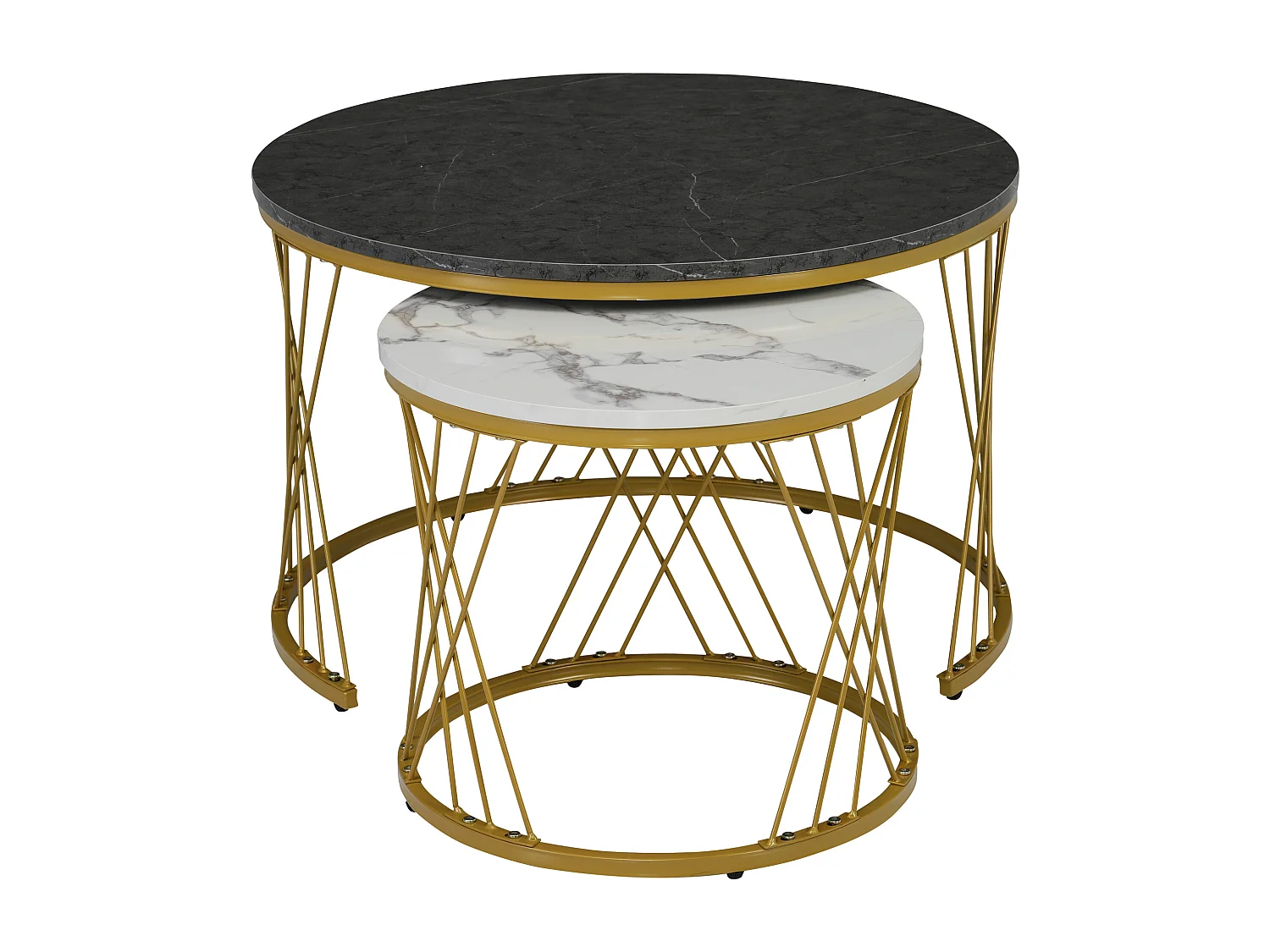 Lot de 2 tables basses, plateau en placage de marbre gris et blanc, cadre doré