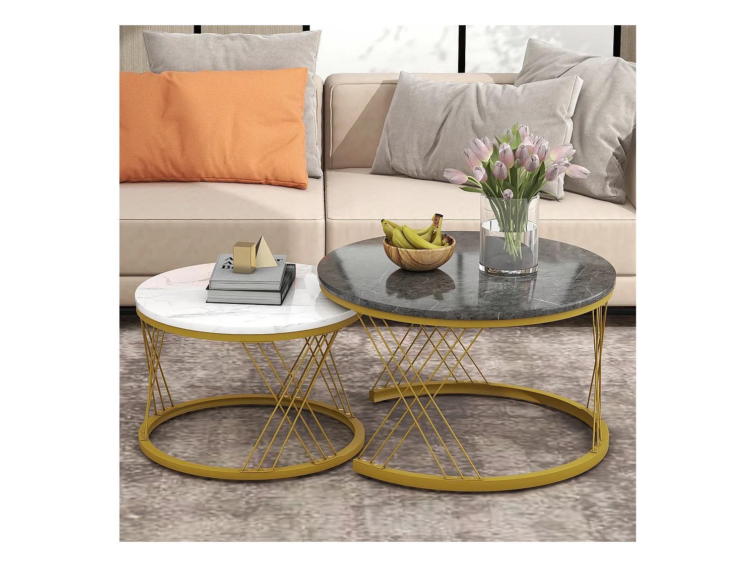 Lot de 2 tables basses, plateau en placage de marbre gris et blanc, cadre doré