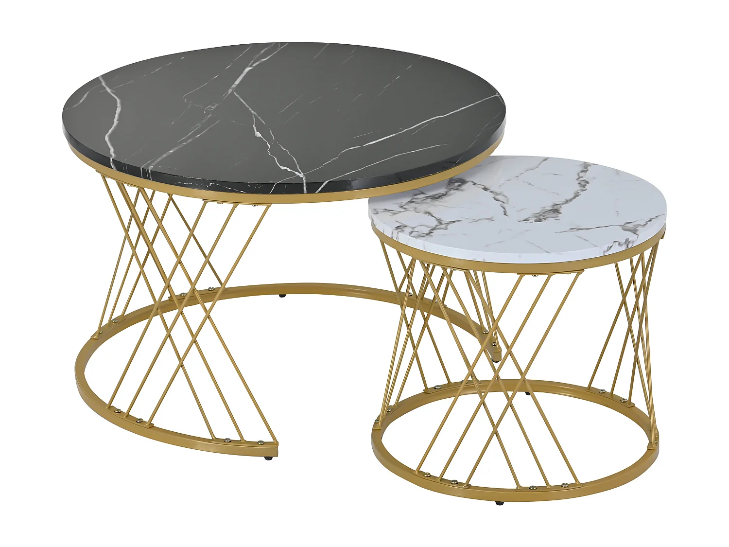 Tables basses gigognes, lot de 2, plateau en placage de marbre, structure en métal doré - pour salon et chambre