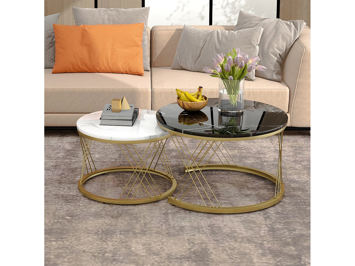 Tables basses gigognes, lot de 2, plateau en placage de marbre, structure en métal doré - pour salon et chambre