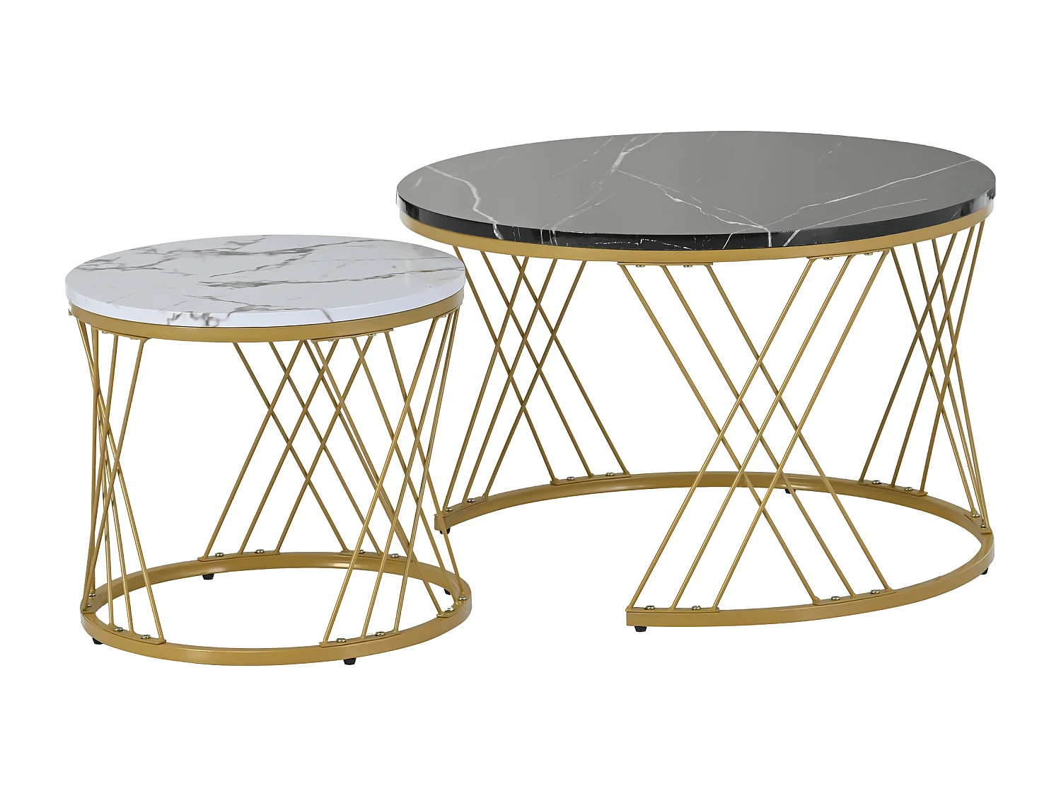 Tables basses gigognes, lot de 2, plateau en placage de marbre, structure en métal doré - pour salon et chambre