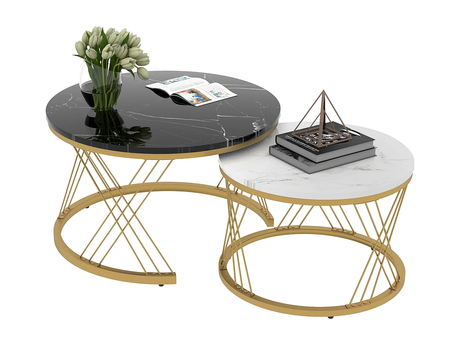 Tables basses gigognes, lot de 2, plateau en placage de marbre, structure en métal doré - pour salon et chambre