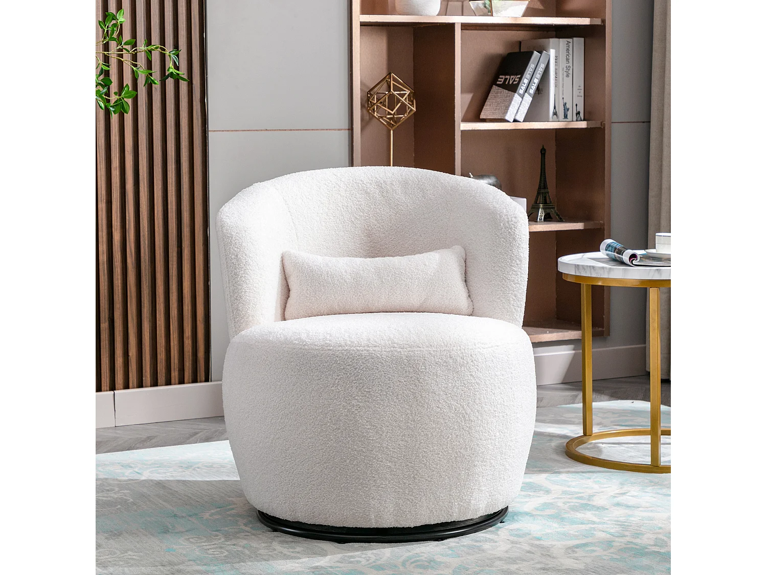 Fauteuil pivotant - Fauteuil de salon avec coussin lombaire - Peluche blanche - pour salon et chambre