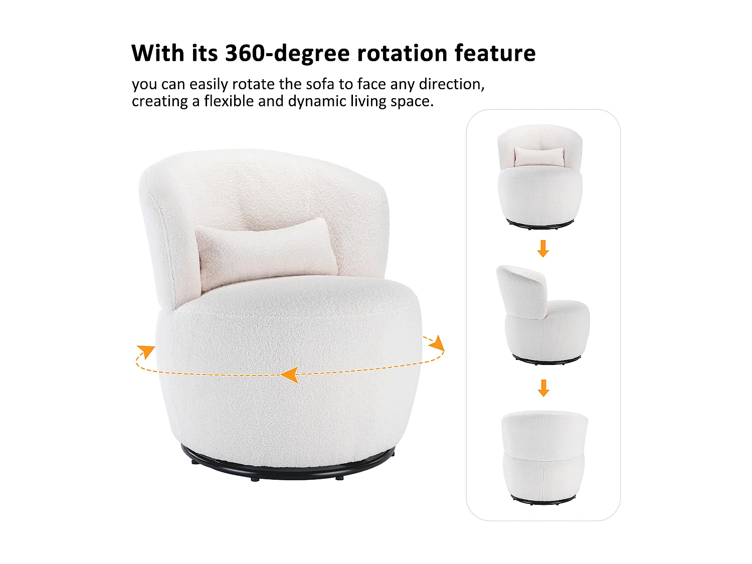 Fauteuil pivotant - Fauteuil de salon avec coussin lombaire - Peluche blanche - pour salon et chambre