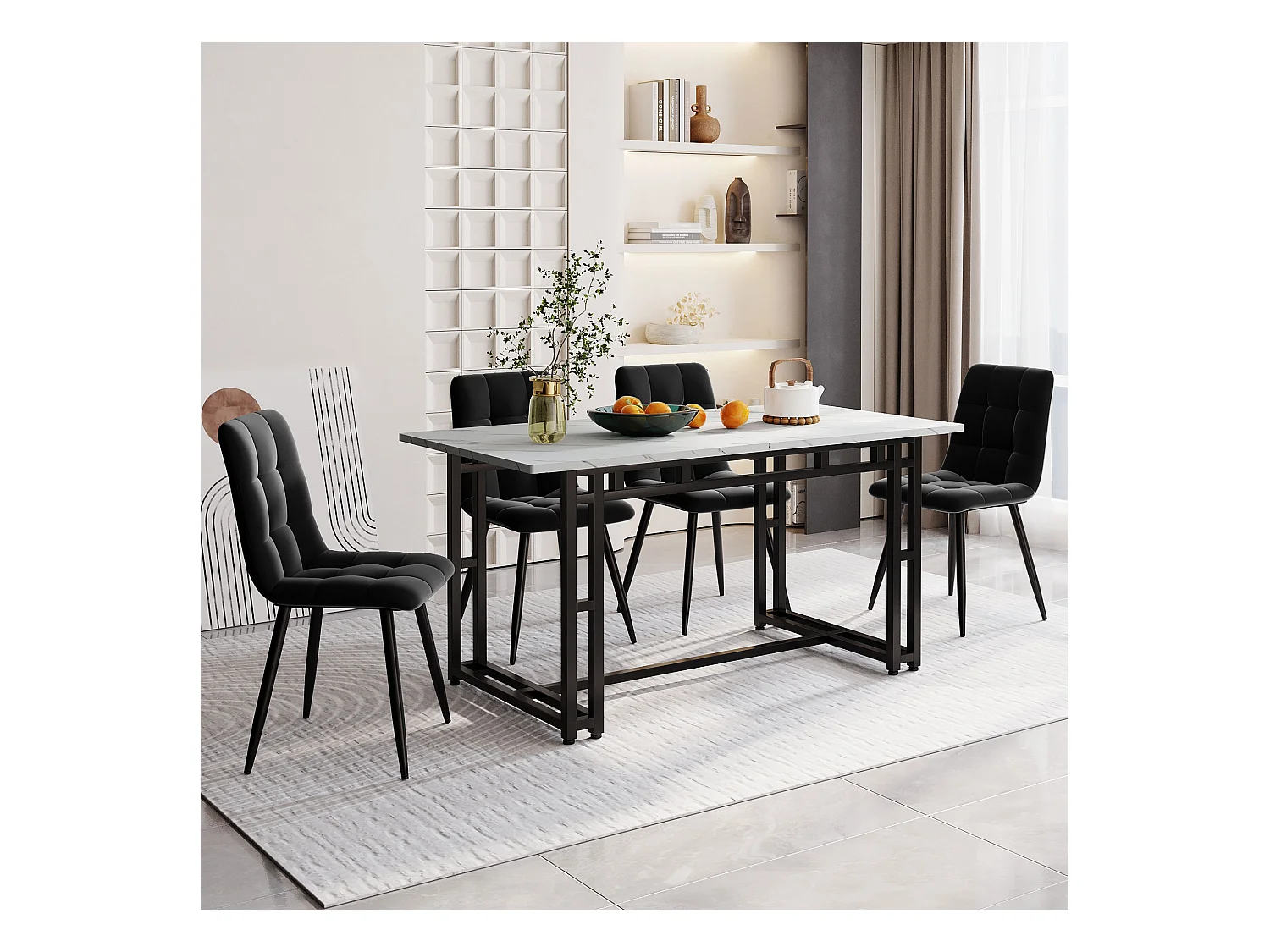 Ensemble Table à manger Blanc+Noir 140x80 cm avec 4 chaises en Velours Noir