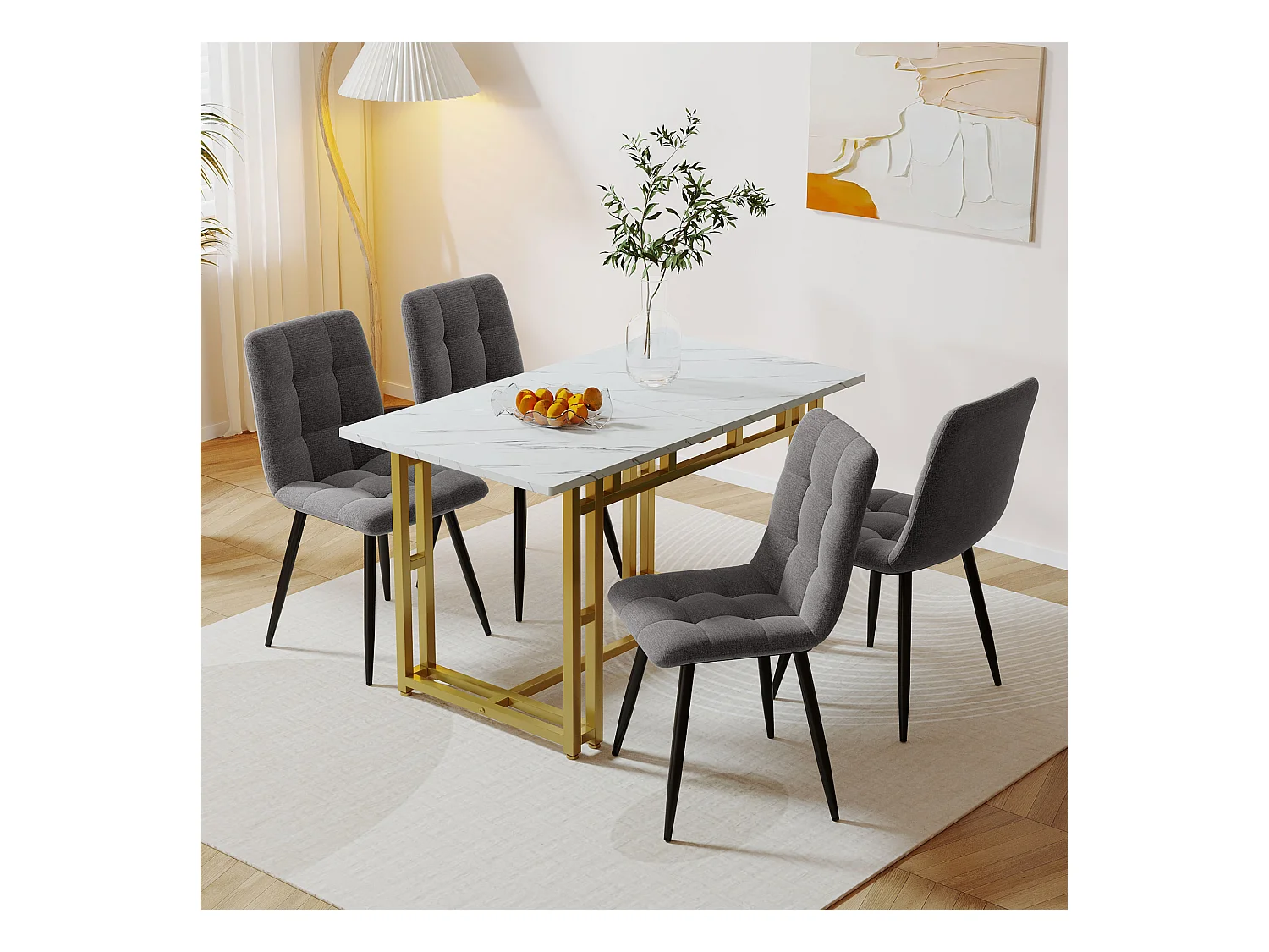 Ensemble Table à manger Blanc+Doré 120x70 cm avec 4 chaises en Velours Gris Clair