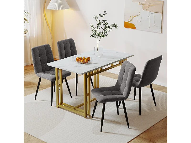Ensemble Table à manger Blanc+Doré 120x70 cm avec 4 chaises en Velours Gris Clair