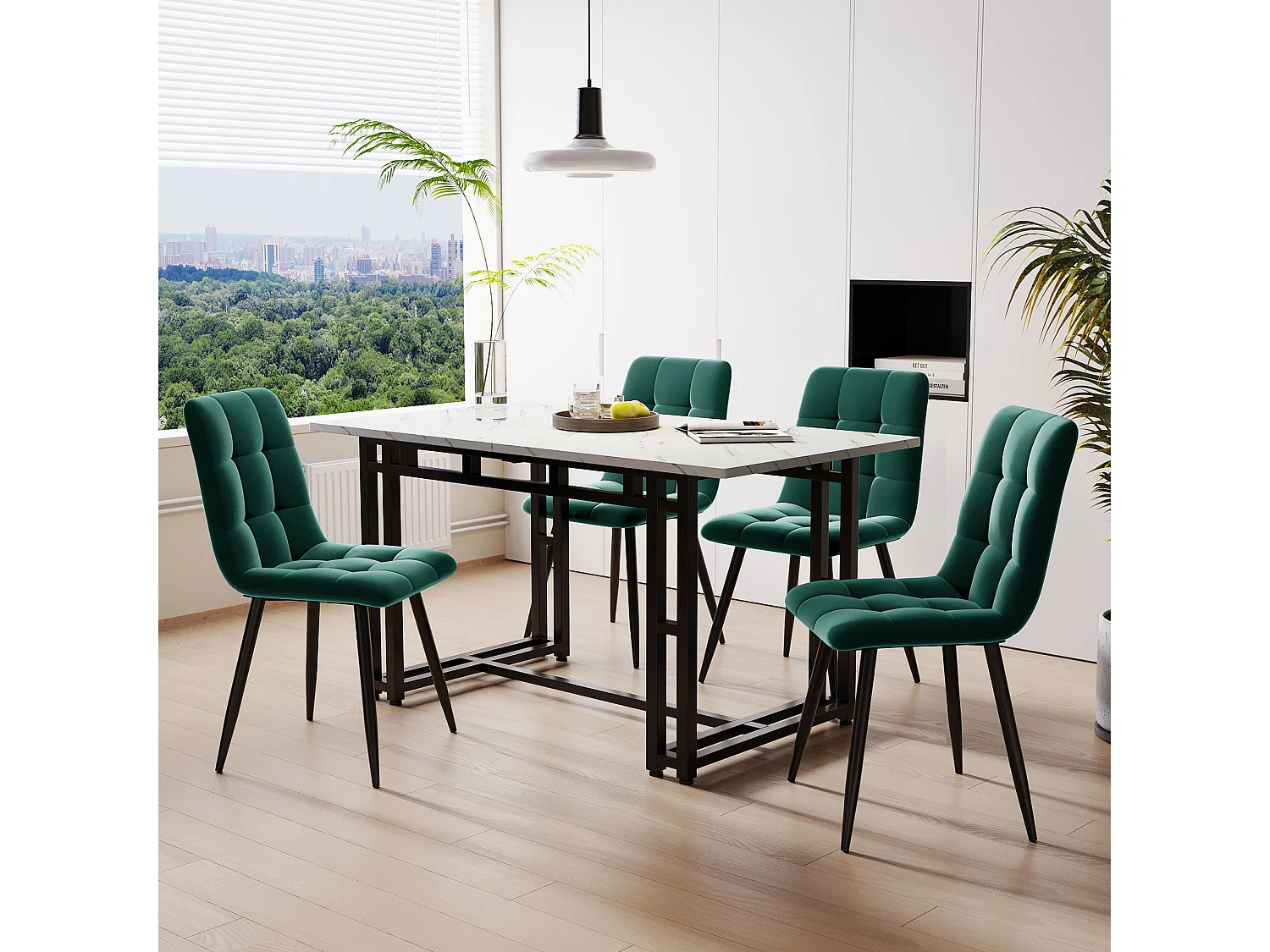 Ensemble Table à manger Blanc+Noir 120x70 cm avec 4 chaises en Velours Vert Foncé