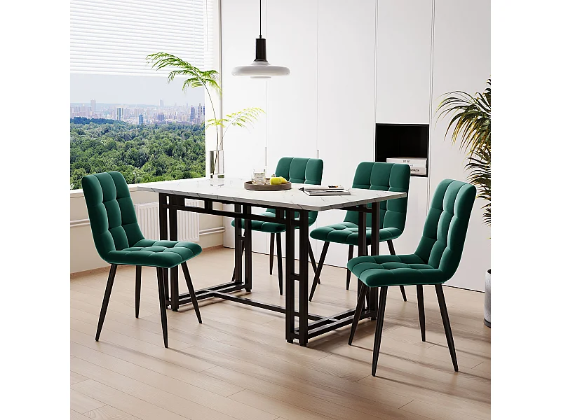 Ensemble Table à manger Blanc+Noir 120x70 cm avec 4 chaises en Velours Vert Foncé