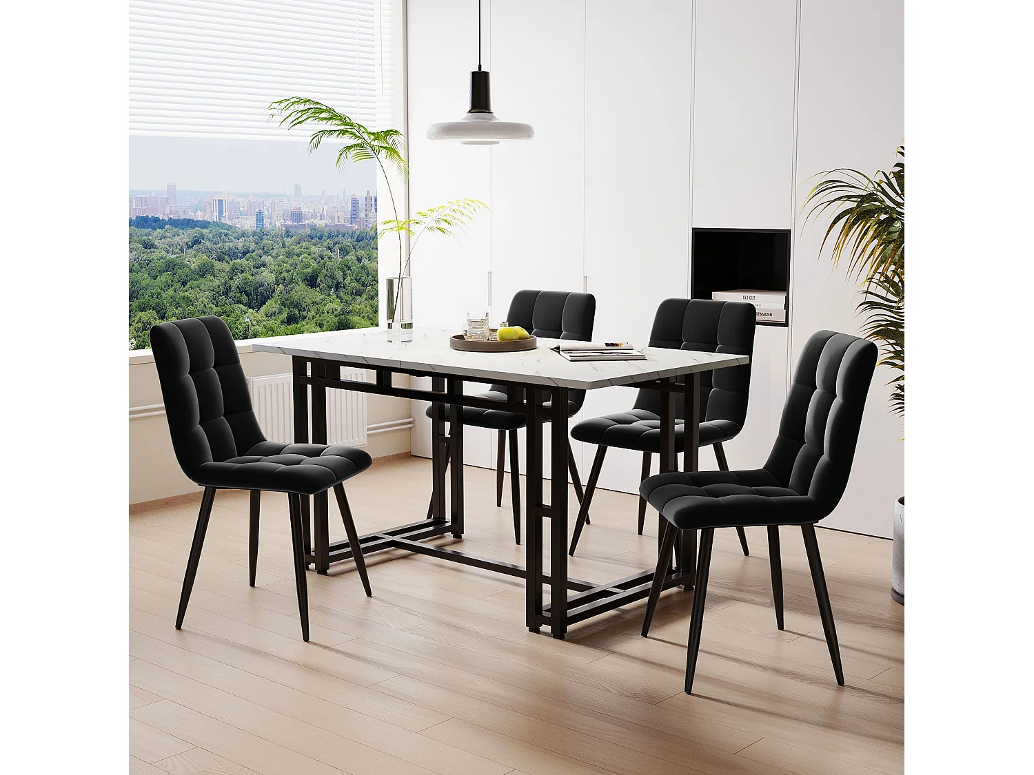 Ensemble Table à manger Blanc+Noir 120x70 cm avec 4 chaises en Velours Noir