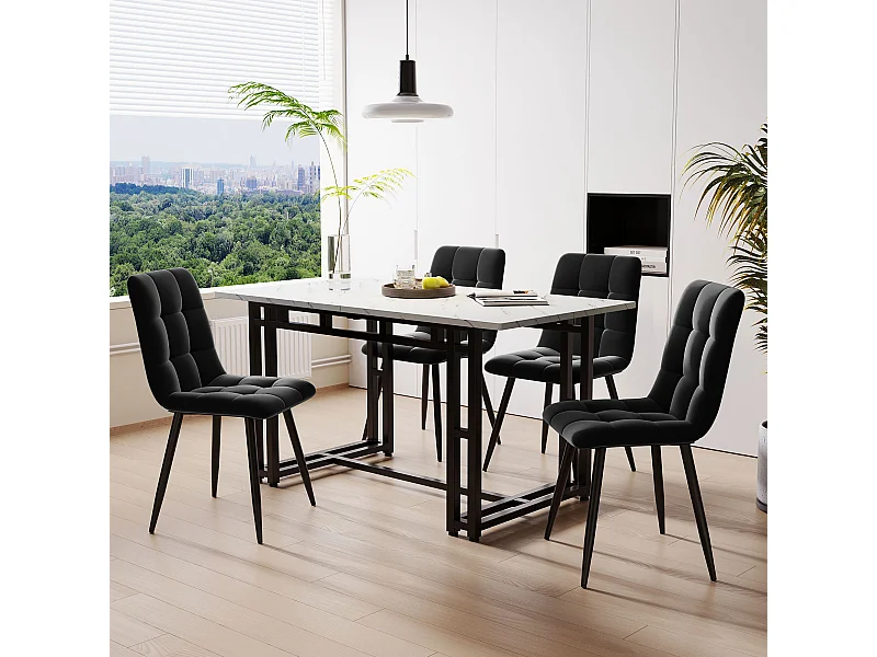 Ensemble Table à manger Blanc+Noir 120x70 cm avec 4 chaises en Velours Noir