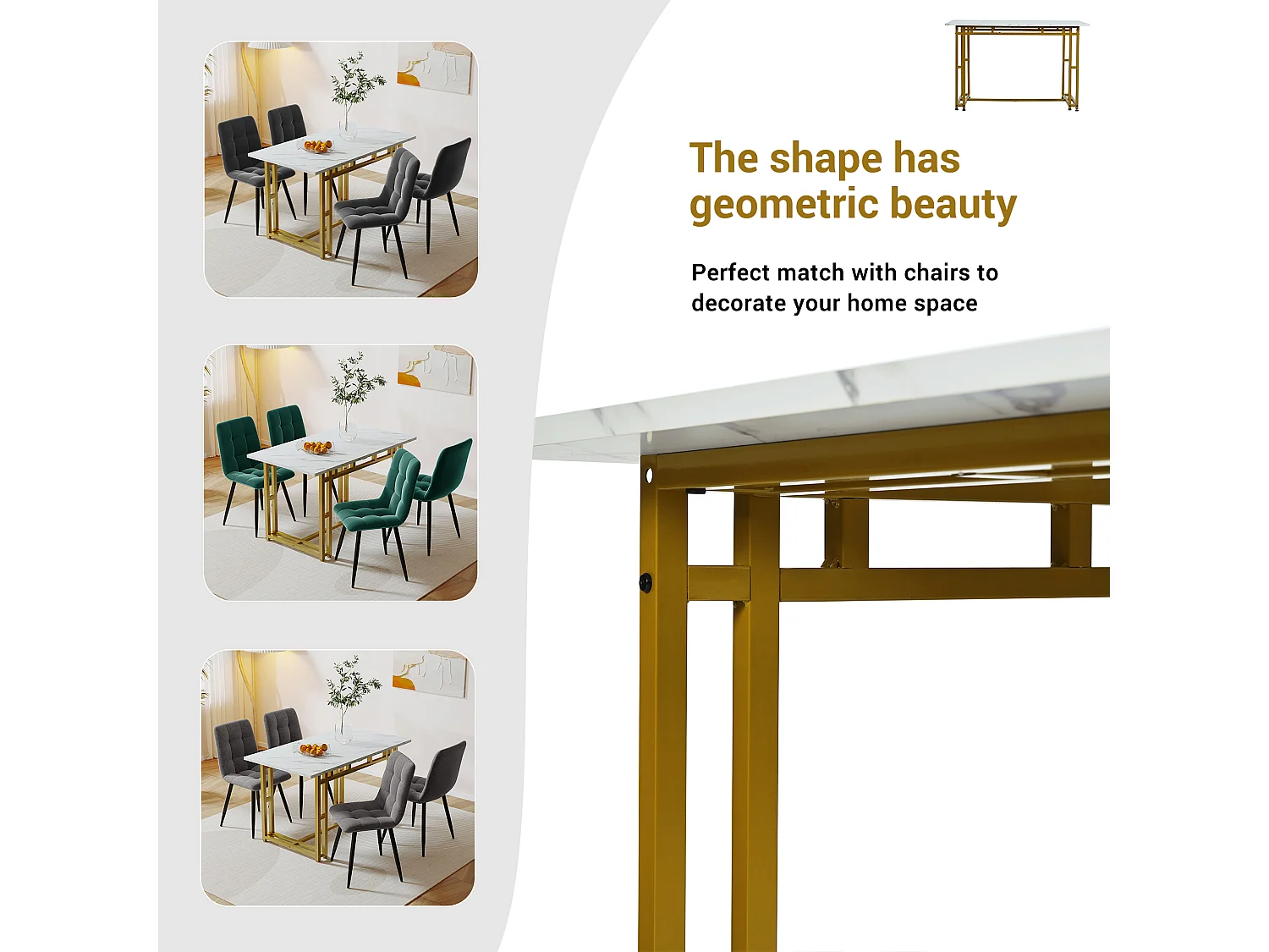 Ensemble Table à manger Blanc+Doré 120x70 cm avec 4 chaises en Velours Vert Foncé