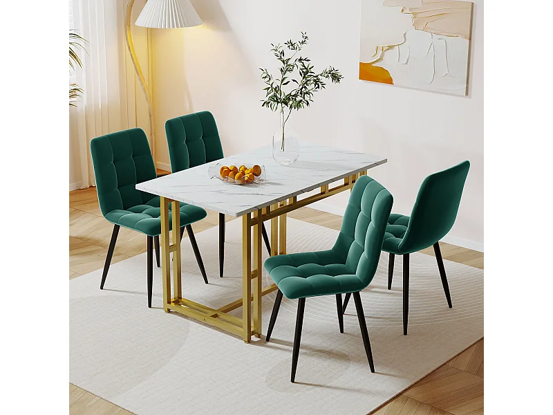 Ensemble Table à manger Blanc+Doré 120x70 cm avec 4 chaises en Velours Vert Foncé
