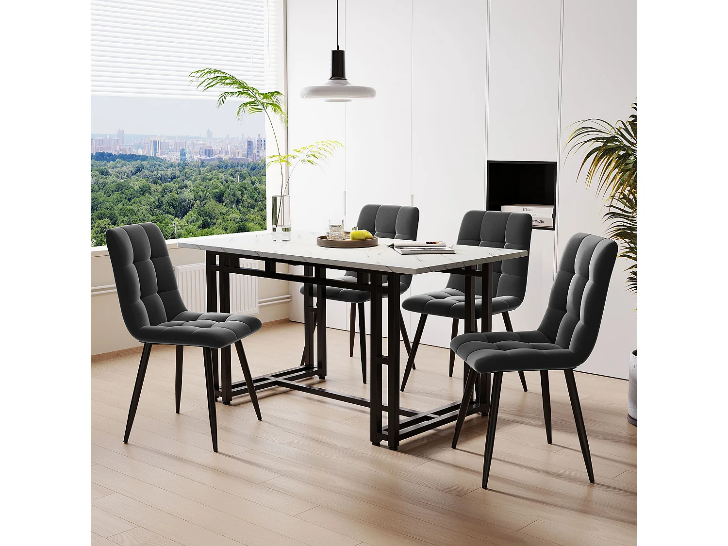 Ensemble Table à manger Blanc+Noir 120x70 cm avec 4 chaises en Velours Gris Foncé
