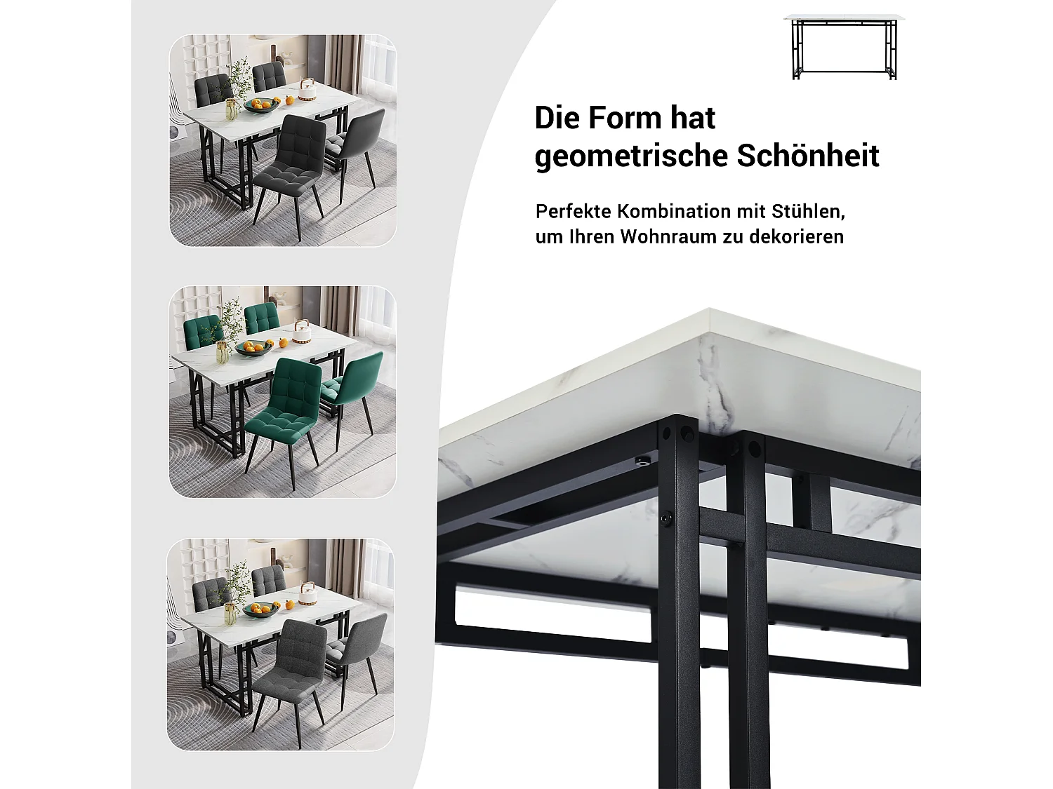 Ensemble Table à manger Blanc+Noir 120x70 cm avec 4 chaises en Velours Gris Foncé
