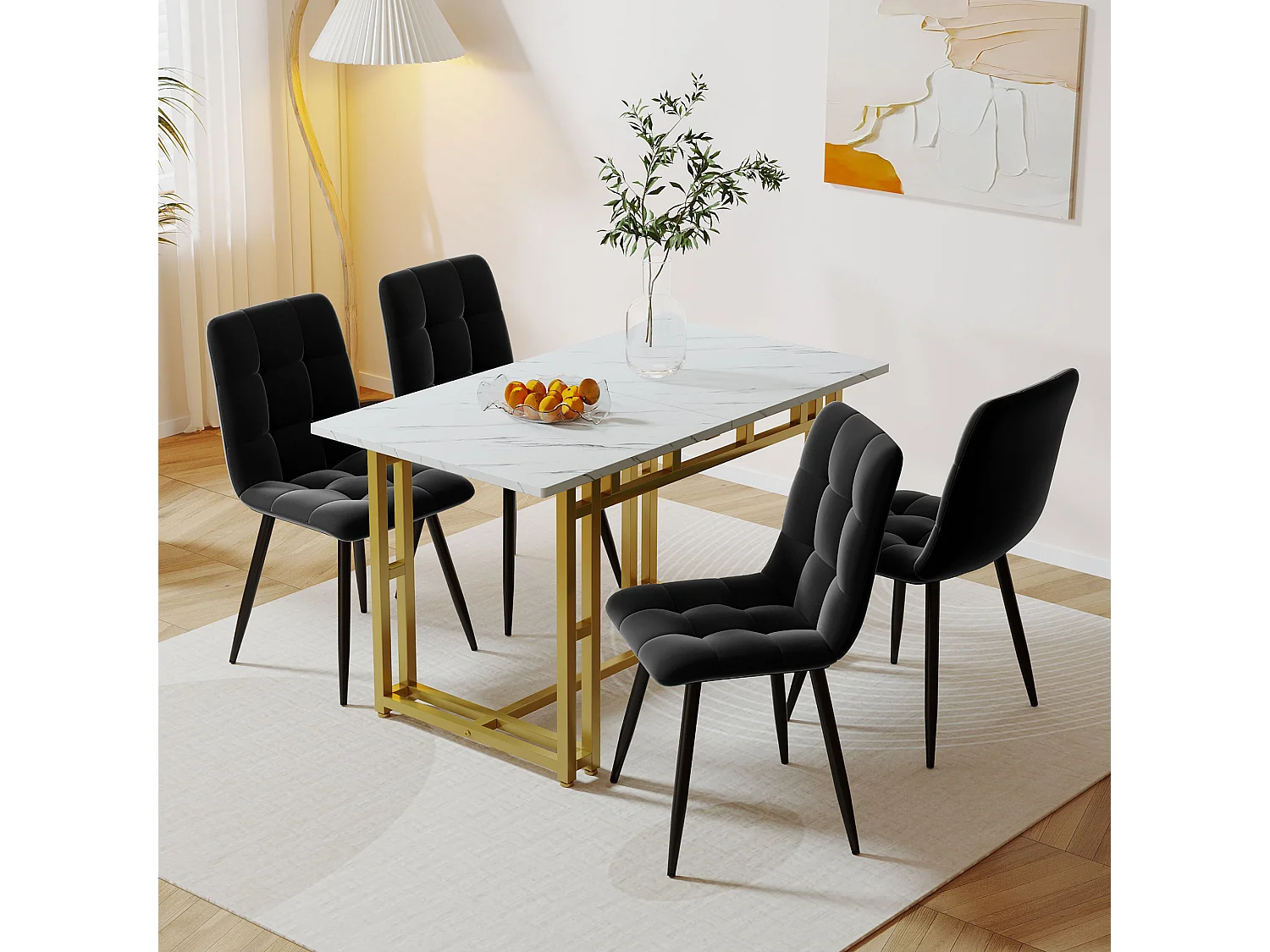 Ensemble Table à manger Blanc+Doré 120x70 cm avec 4 chaises en Velours Noir