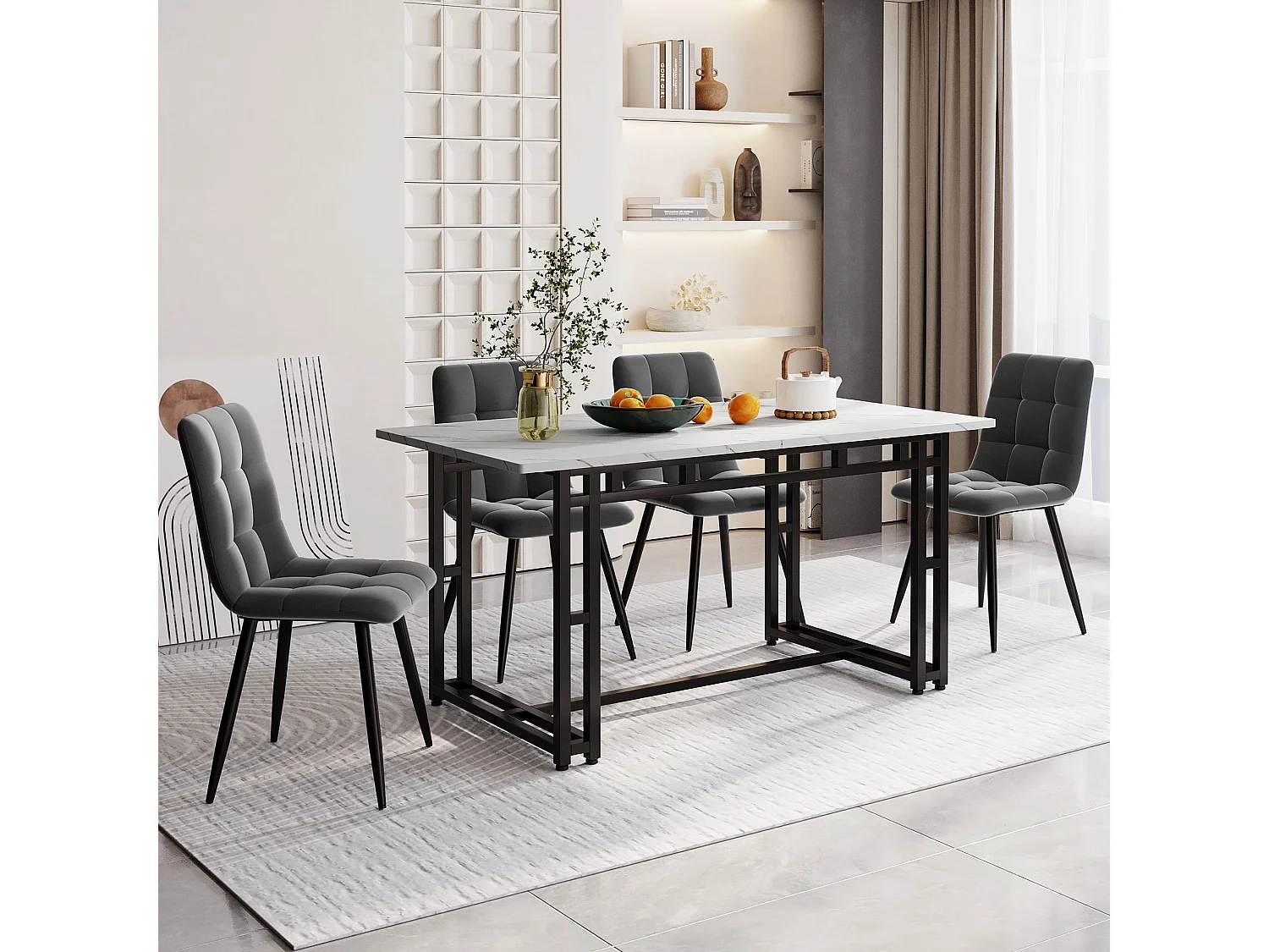 Ensemble Table à manger Blanc+Noir 140x80 cm avec 4 chaises en Velours Gris Foncé