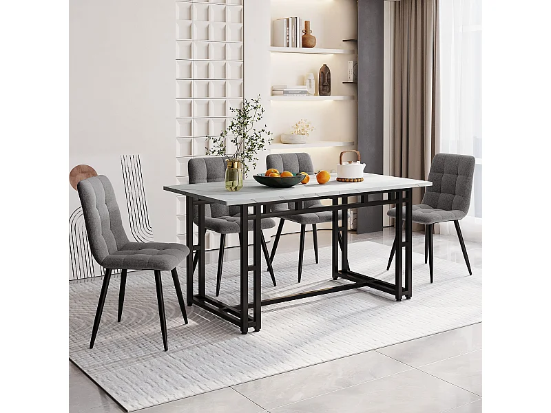 Ensemble Table à manger Blanc+Noir 140x80 cm avec 4 chaises en Velours Gris Clair