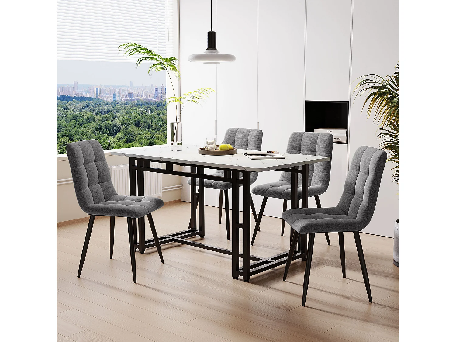 Ensemble Table à manger Blanc+Noir 120x70 cm avec 4 chaises en Velours Gris Clair