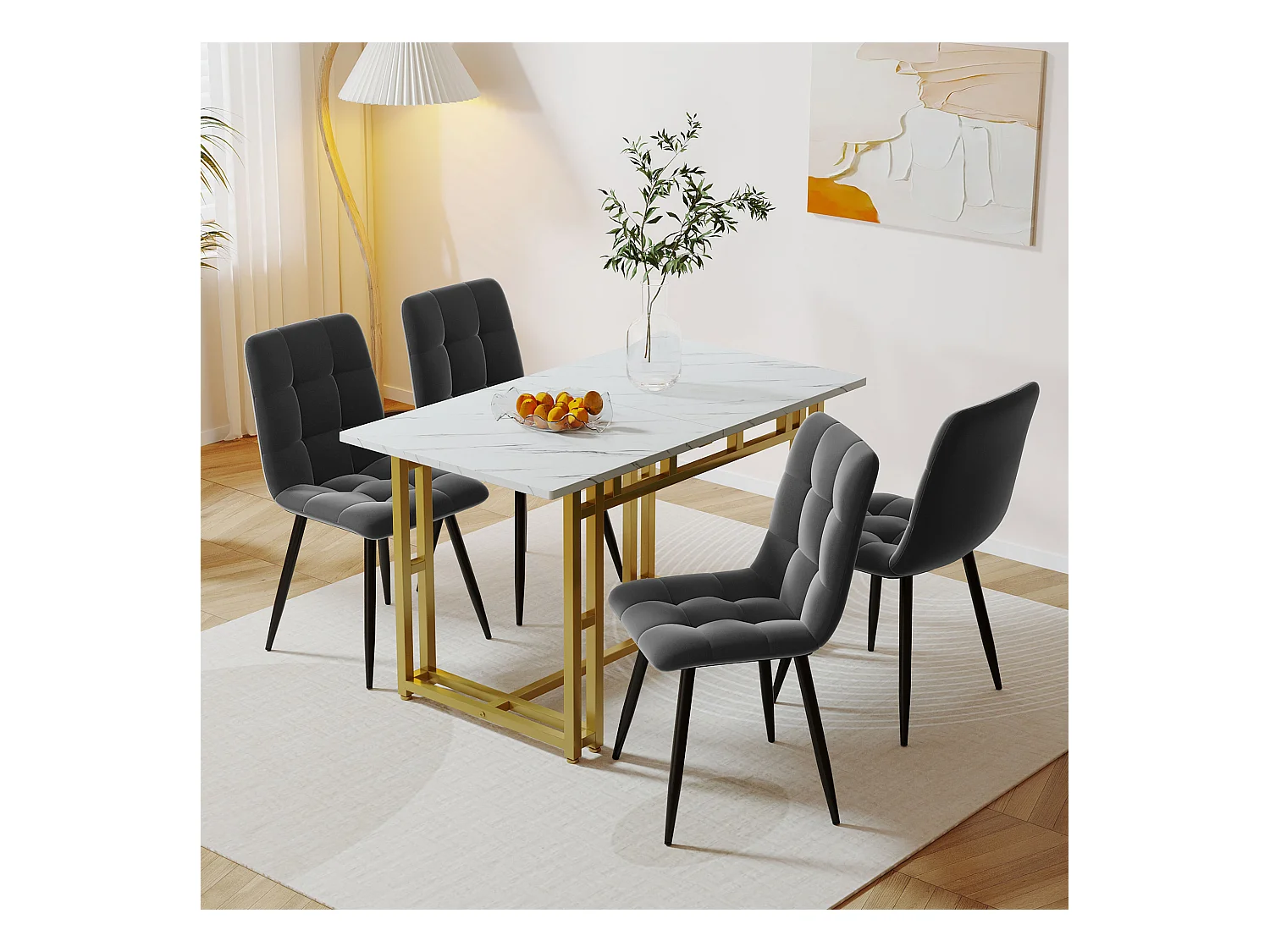 Ensemble Table à manger Blanc+Doré 120x70 cm avec 4 chaises en Velours Gris Foncé