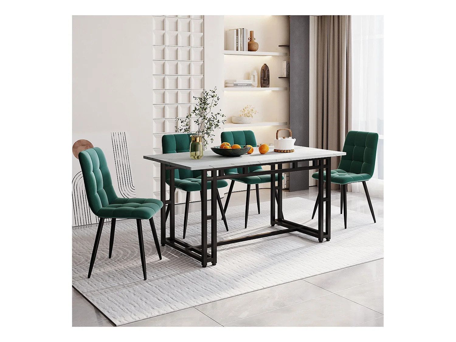 Ensemble Table à manger Blanc+Noir 140x80 cm avec 4 chaises en Velours Vert Foncé