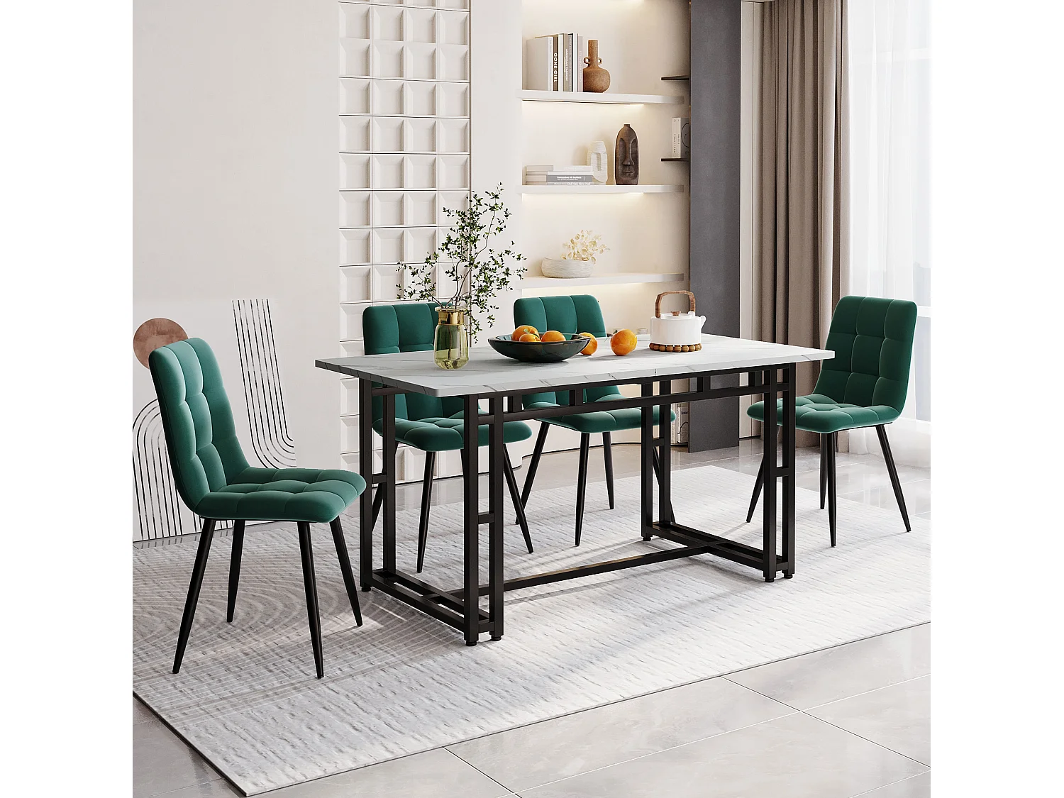 Ensemble Table à manger Blanc+Noir 140x80 cm avec 4 chaises en Velours Vert Foncé