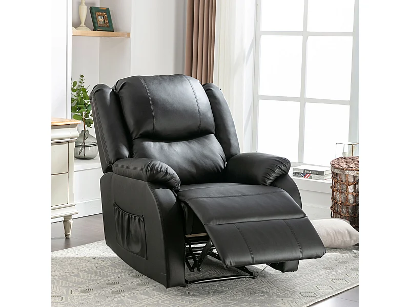 Fauteuil simple Fauteuil TV pour Salon - Chaise Longue en Cuir PU avec Repose-Pieds - Noir XXL