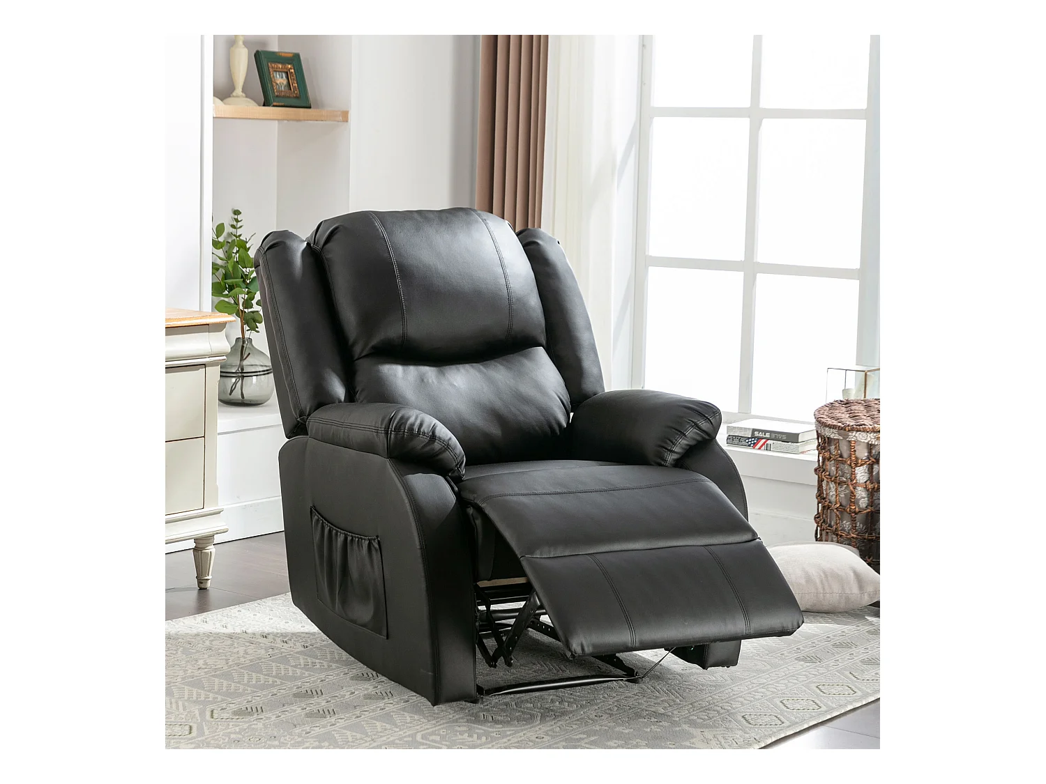 Fauteuil simple Fauteuil TV pour Salon - Chaise Longue en Cuir PU avec Repose-Pieds - Noir XXL