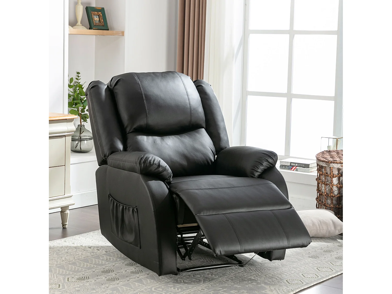 Fauteuil simple Fauteuil TV pour Salon - Chaise Longue en Cuir PU avec Repose-Pieds - Noir XXL