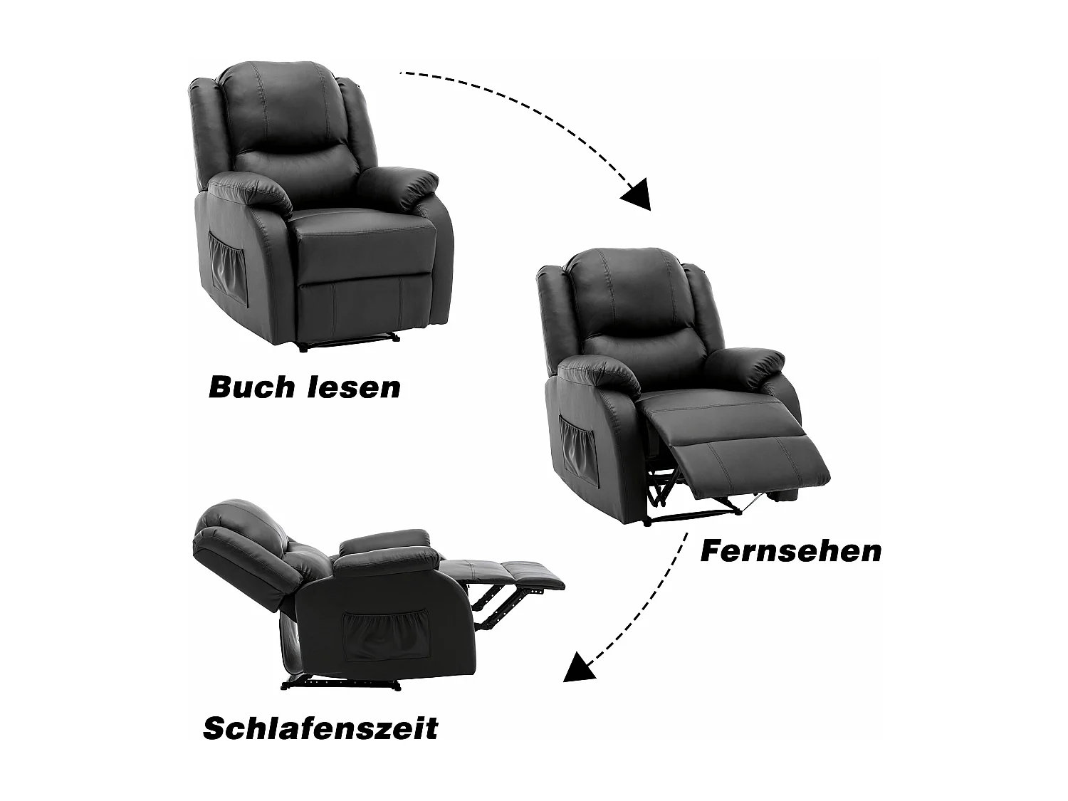 Fauteuil simple Fauteuil TV pour Salon - Chaise Longue en Cuir PU avec Repose-Pieds - Noir XXL