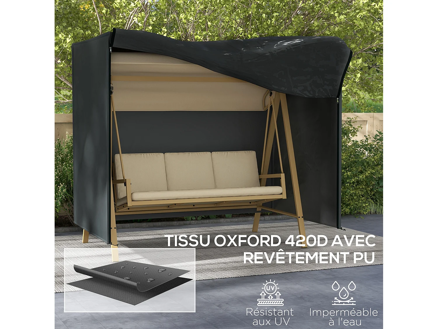 Housse de protection balancelle de jardin 3 places - imperméable, anti-UV, zip - dim. 2,20L x 1,25l x 1,72H m - noir