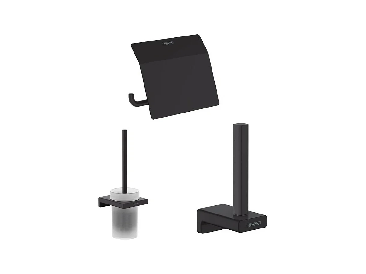 Porte-brosse WC HANSGROHE Addstoris + Porte-papier WC avec couvercle noir mat Hansgrohe AddStoris + Réserve porte-papier noir mat