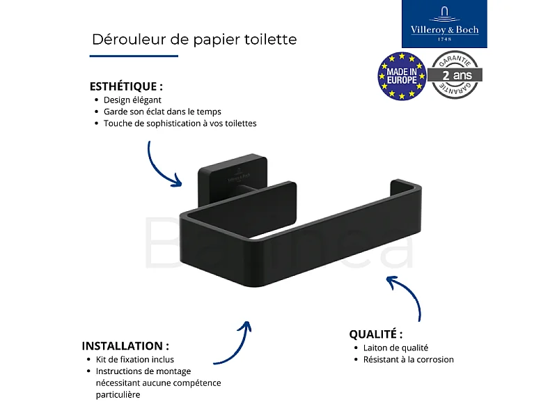 Dérouleur de papier toilette sans couvercle + Ensemble brosse WC VILLEROY ET BOCH Striking Chrome noir mat