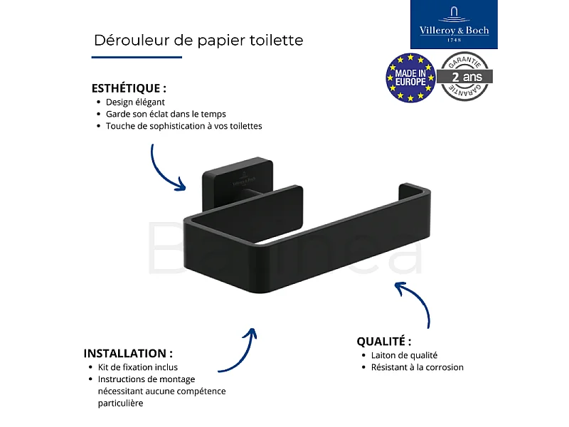 Dérouleur de papier toilette sans couvercle + Ensemble brosse WC VILLEROY ET BOCH Striking Chrome noir mat