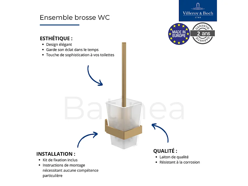 Dérouleur de papier toilette sans couvercle + Ensemble brosse WC VILLEROY ET BOCH Striking Chrome Gold brossé