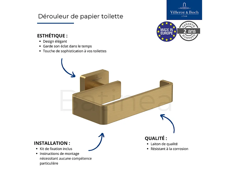 Dérouleur de papier toilette sans couvercle + Ensemble brosse WC VILLEROY ET BOCH Striking Chrome Gold brossé