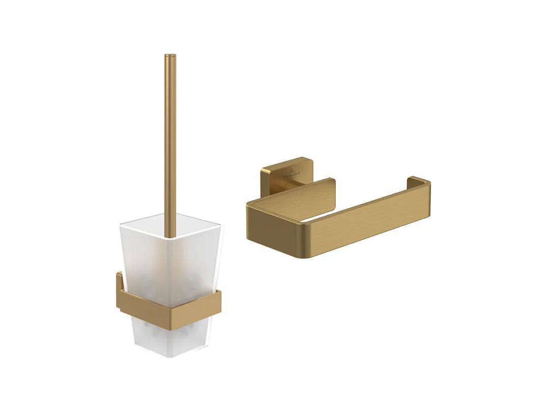 Dérouleur de papier toilette sans couvercle + Ensemble brosse WC VILLEROY ET BOCH Striking Chrome Gold brossé