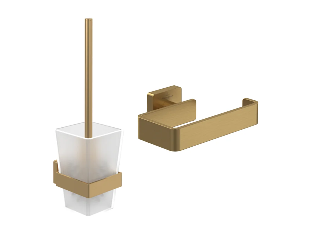 Dérouleur de papier toilette sans couvercle + Ensemble brosse WC VILLEROY ET BOCH Striking Chrome Gold brossé