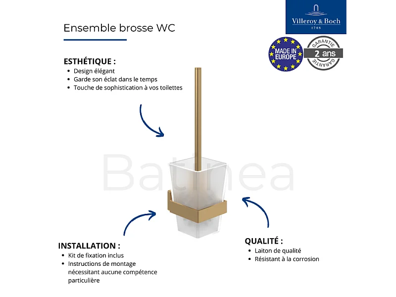 Dérouleur de papier toilette sans couvercle + Ensemble brosse WC VILLEROY ET BOCH Striking Chrome Gold brossé